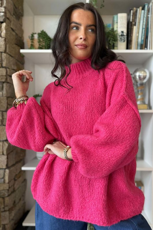 Big Softie Funnel Grunge Knit Hot Pink **